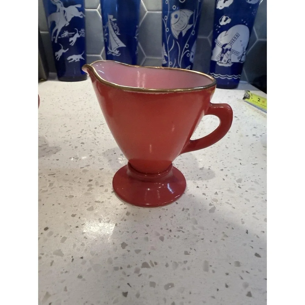 Hazel Atlas Ovide Raspberry Plum Pink Creamer And Sugar Mid Century Glass
